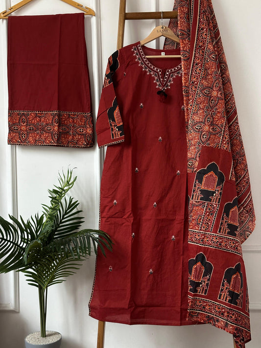 JAIPUR COTTON 3 PIECE SET WITH PRINTED DUPATTA