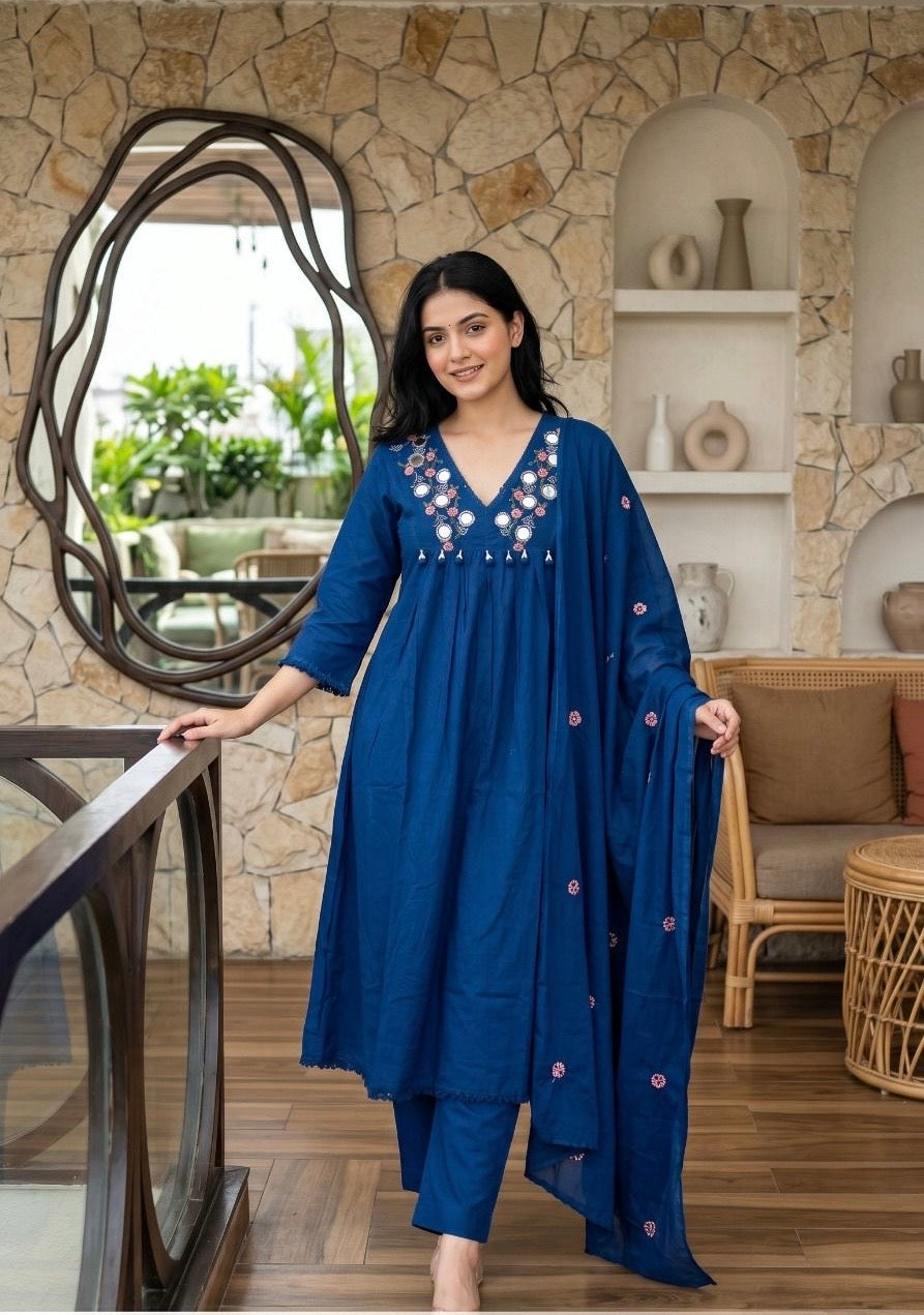 PRODUCT CODE - 5000 | ROYAL BLUE COTTON SALWAR 3 PIECE SET