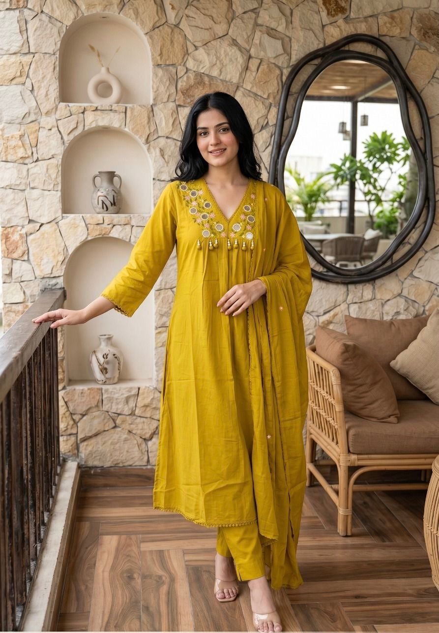 PRODUCT CODE - 5000 | YELLOW COTTON SALWAR 3 PIECE SET